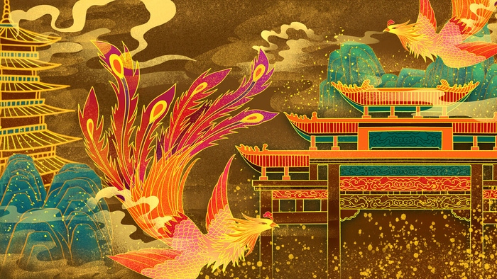 复古中国风国潮手绘烫金仙鹤锦鲤凤凰建筑黑金线描插画PS设计素材