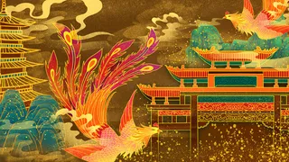 复古中国风国潮手绘烫金仙鹤锦鲤凤凰建筑黑金线描插画PS设计素材