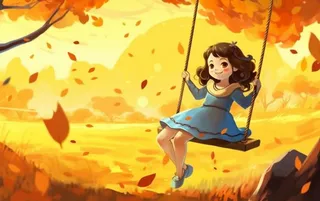 秋天女孩在树上荡秋千黄色落叶插画背景