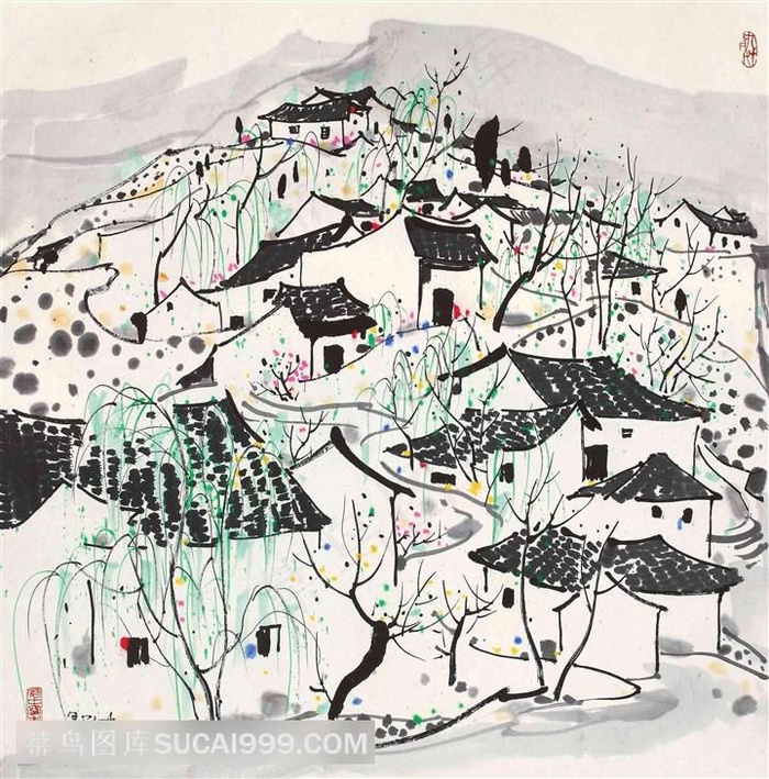 吴冠中手绘水彩水墨房子乡村美景装饰画
