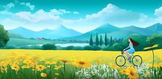 春天蓝天鸟白云群山花丛草丛骑着自行车的女孩人物插画素材背景