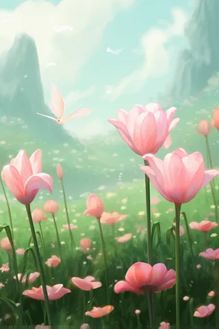 粉色花丛深山草丛卡通插画素材背景