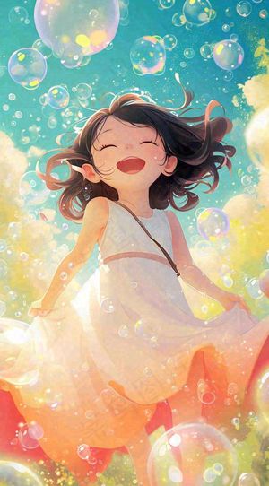 春天夏天女孩草地玩耍，阳光白云气泡可爱插画