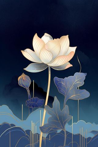 简约意境山水荷花蓝色背景