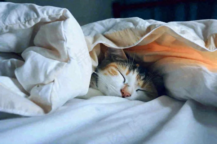 被窝里睡觉的猫猫，可爱的动物摄影图(1344x896)
