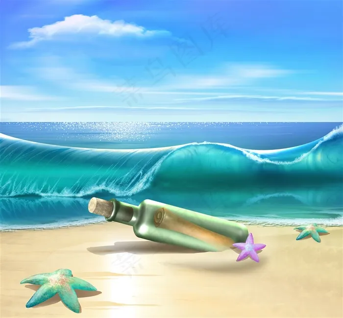唯美海滩风景绘画景色图片