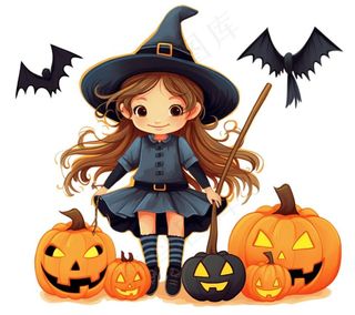 万圣节女巫蝙蝠南瓜卡通插画免抠