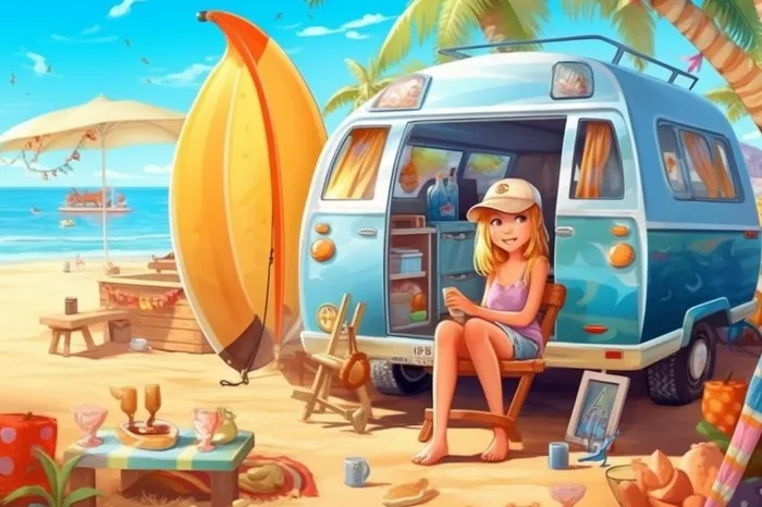 女孩阳光沙滩露营插画背景(1344x896)
