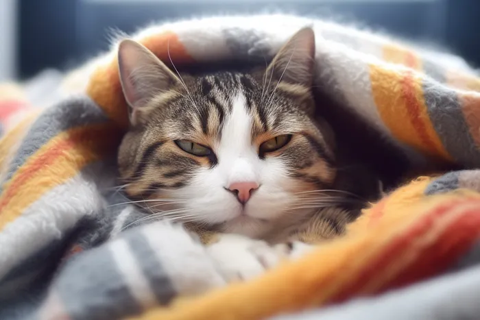 毛毯裹着的猫咪睡觉可爱摄影图