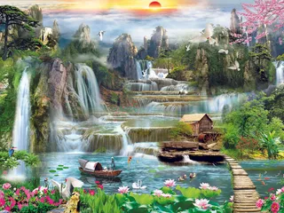 清新流水生财山水木房荷花风景