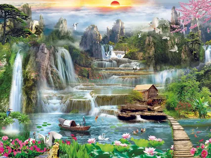 清新流水生财山水木房荷花风景 清新流水生财山水木房荷花风景
