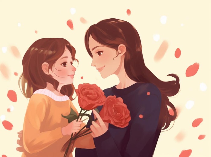 母亲节妈妈拥抱着孩子花海手绘插画素材海报背景(1264x944)