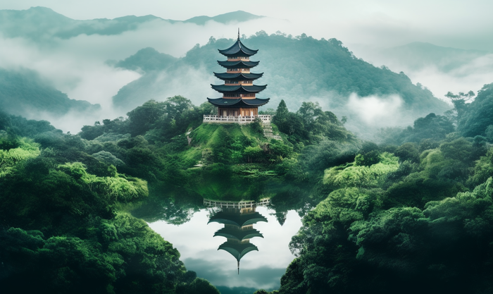 倒影水中的宝塔背后的树木山景风格摄影图(4272x2544)