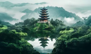 倒影水中的宝塔背后的树木山景风格摄影图