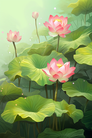 夏日荷花莲花荷叶池里盛开的花卡通插画素材绿色背景