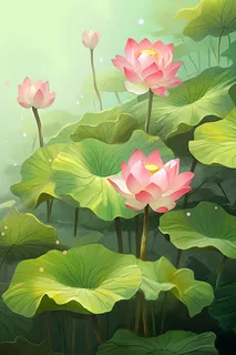夏日荷花莲花荷叶池里盛开的花卡通插画素材绿色背景 夏日荷花莲花荷叶池里盛开的花卡通插画素材绿色背景