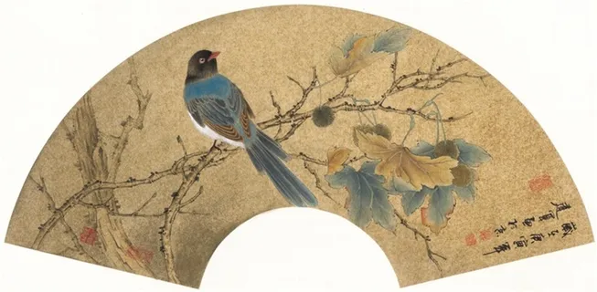 高清扇面金丝小鸟工笔画