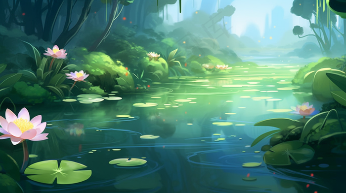 睡莲森林池塘卡通插画(4368x2448)