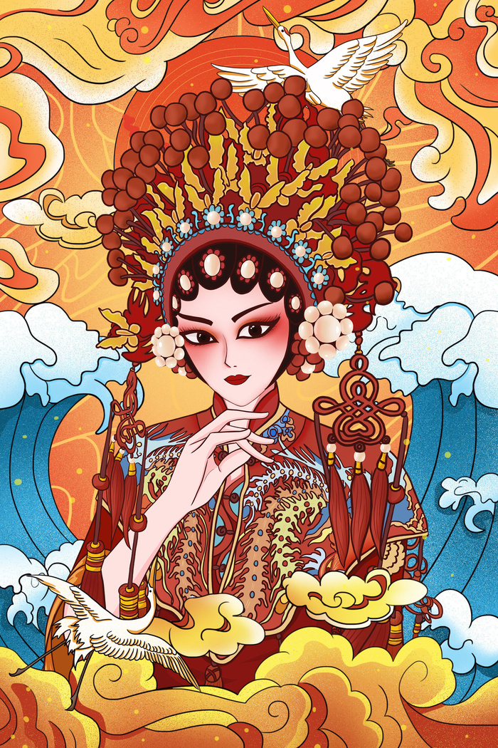 手绘中国风国潮京剧戏曲人物插画古风国粹花旦ai矢量ps设计素材图psd模版下载
