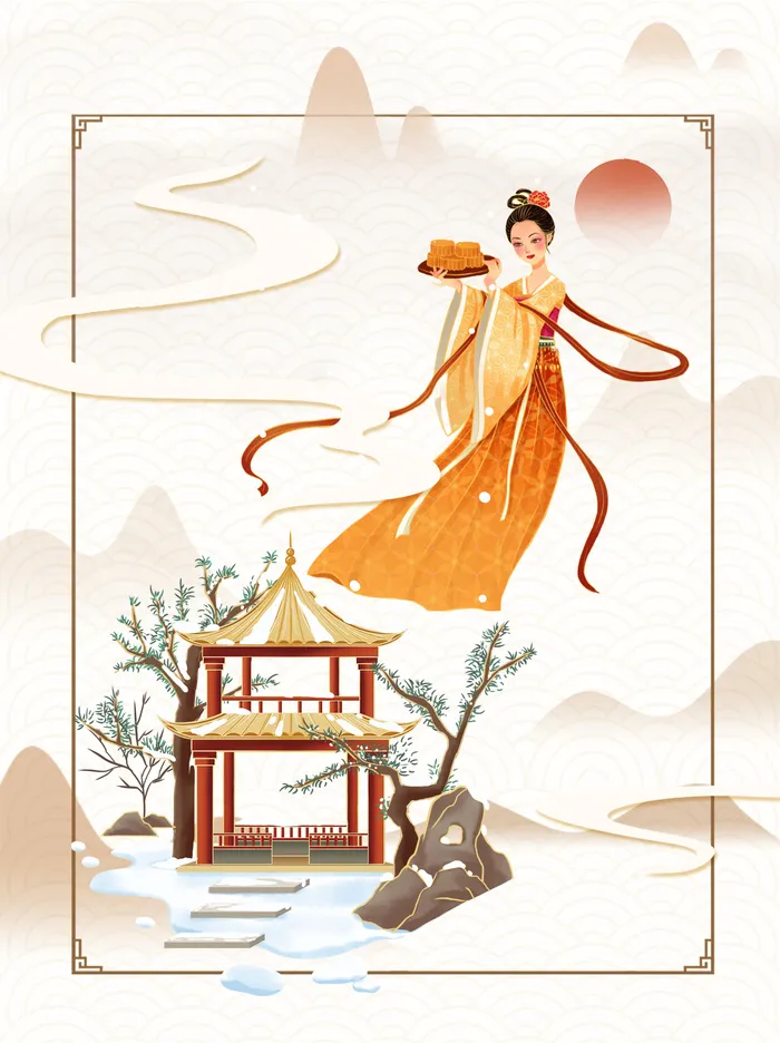 中国山水亭子美女献礼模板psd模版下载