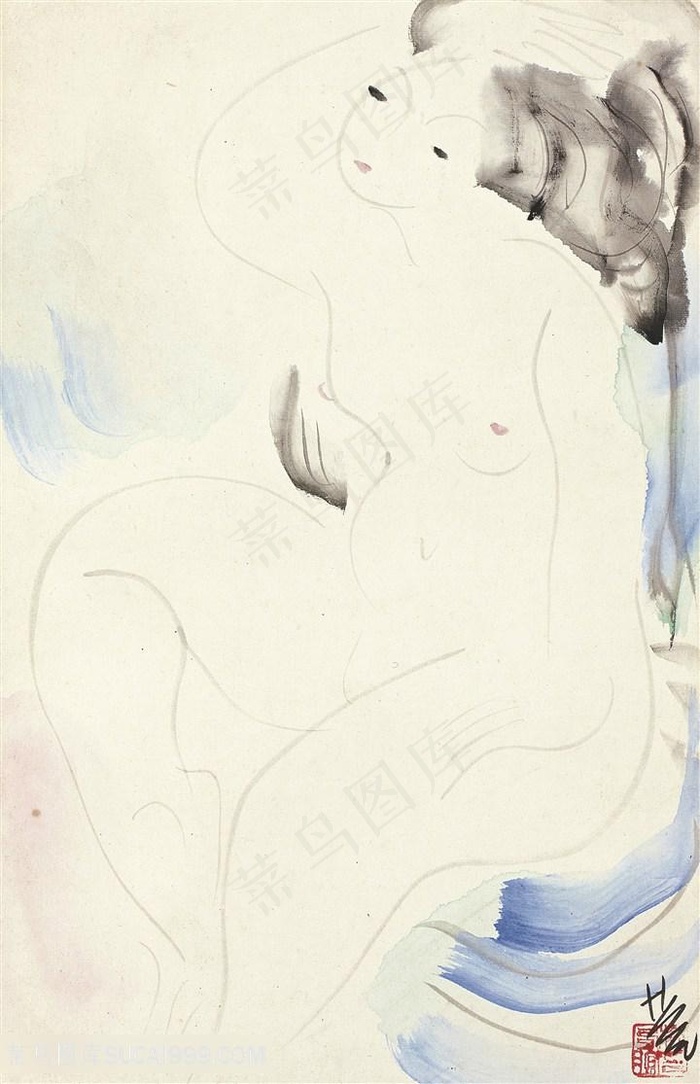 林风眠手绘简约裸体女性装饰画