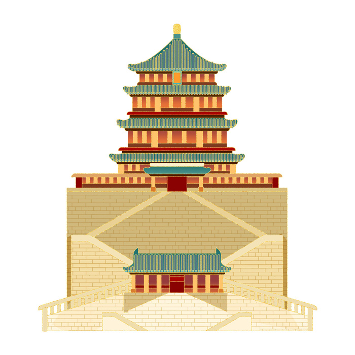 复古中国风国潮古建筑插画手绘高楼古塔PSD素材亭子png免抠图