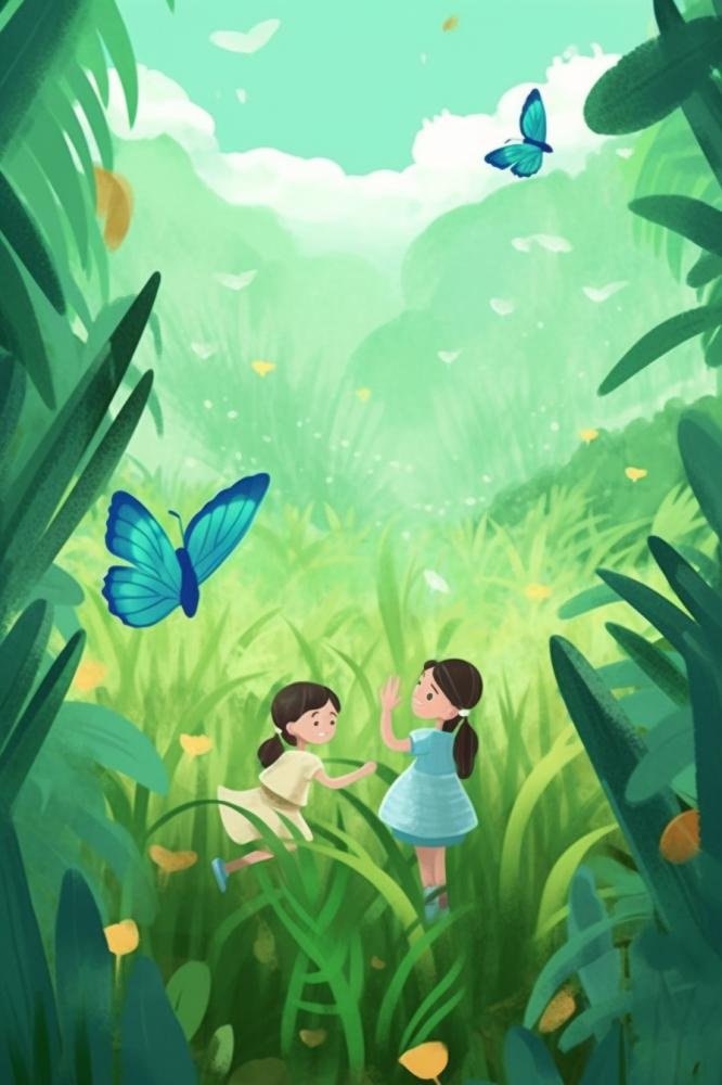 手绘插画春天绿色草地蝴蝶和小女孩背景