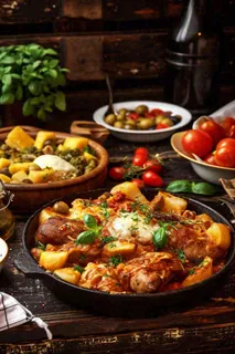 美食餐桌餐厅，烤肉披萨西餐水果红酒摄影图