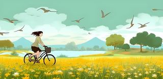 春天蓝天鸟白云群山花丛草丛骑着自行车的女孩人物插画素材背景