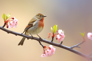 春天小鸟站在开花的树枝上粉红摄影图