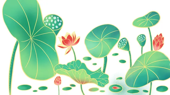 国潮中国风手绘荷花莲花荷叶莲藕植物花卉装饰插画PSD设计素材