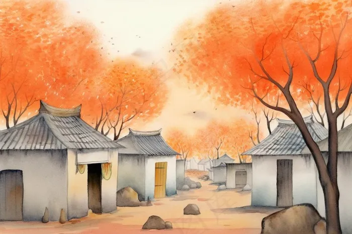 秋季胡同里古代建筑庭院水彩画水墨画素材(1344x896)