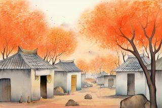 秋季胡同里古代建筑庭院水彩画水墨画素材