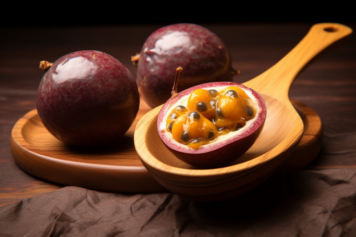 百香果勺子挖开水果摄影图