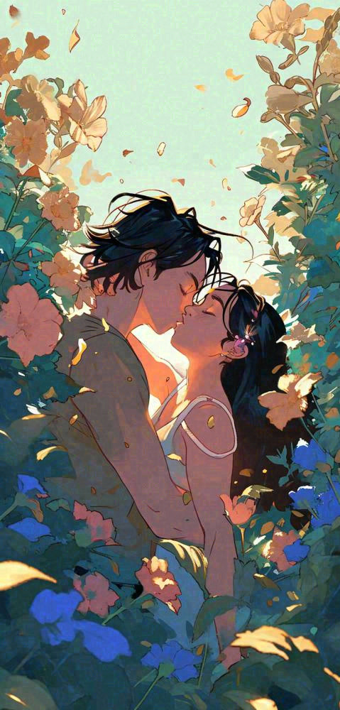 森林花丛里情侣拥抱亲吻爱情手绘插画，情人节(752x1568)