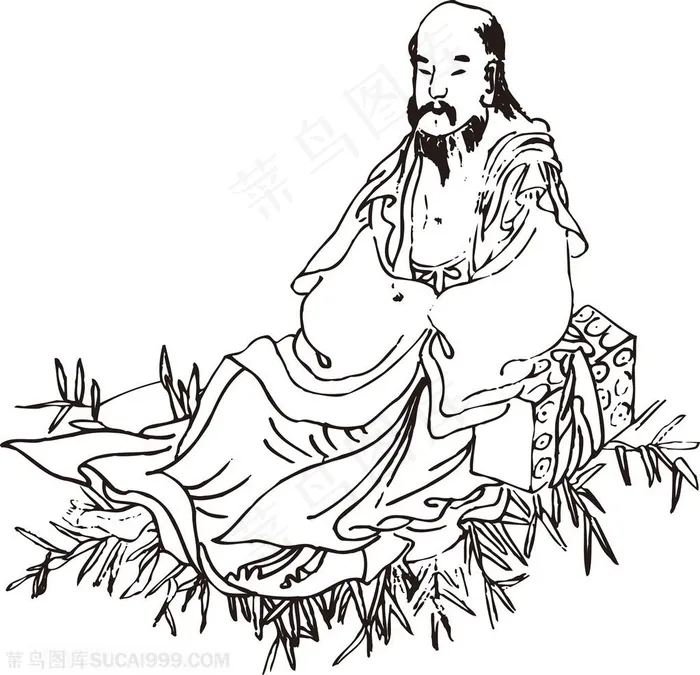 坐在草地上的僧人手绘线描108罗汉矢量PNG绘画图片