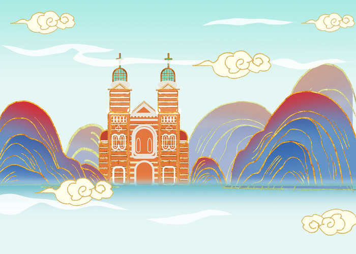 国潮鎏金西开教堂地标建筑