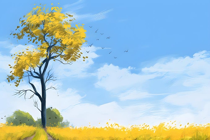 秋天清新天空树林插画黄色背景(3600x2400)