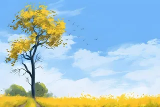 秋天清新天空树林插画黄色背景