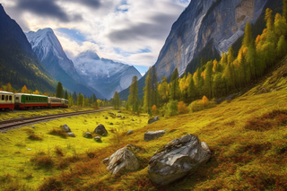 穿梭在雪山森林草甸的火车摄影图