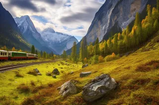 穿梭在雪山森林草甸的火车摄影图