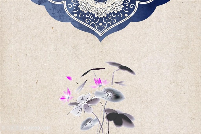 中国风水墨荷花青花瓷花纹