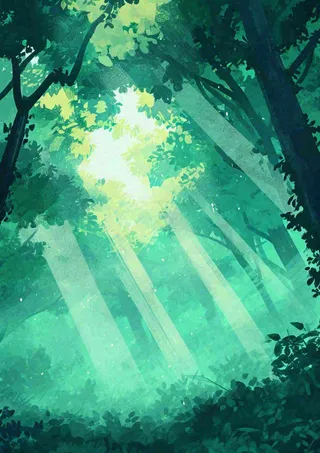 春意盎然的树林里阳光洒下绿草茵茵的水彩画