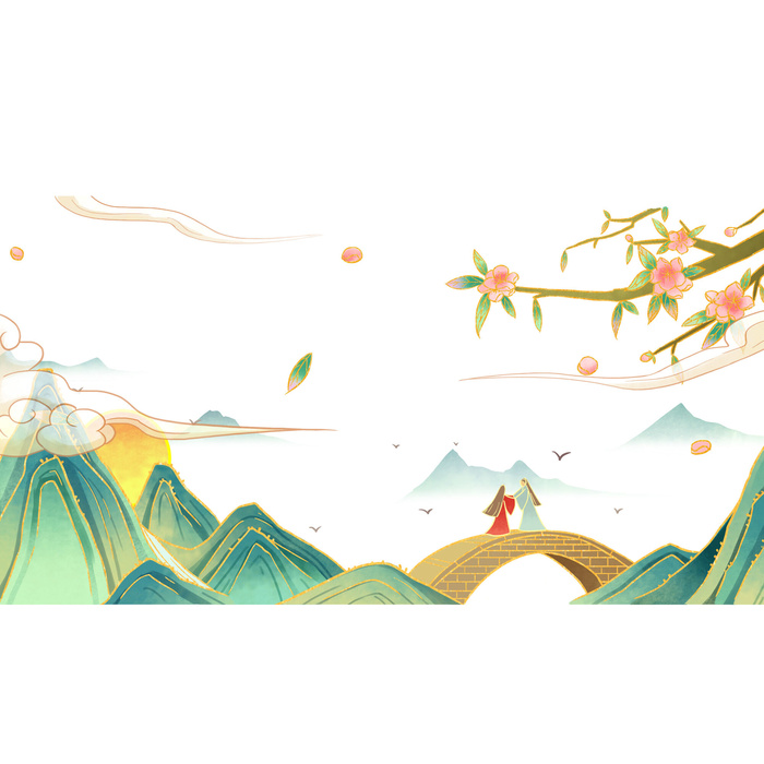 中国风国潮山水插画祥云中式手绘烫金线条元素png装饰背景PSD素材