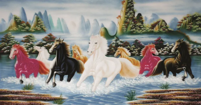 马到成功八马山水背景墙