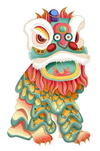 新年春节虎年元宵手绘人物舞狮卡通狮子头插画元素PSD设计素材