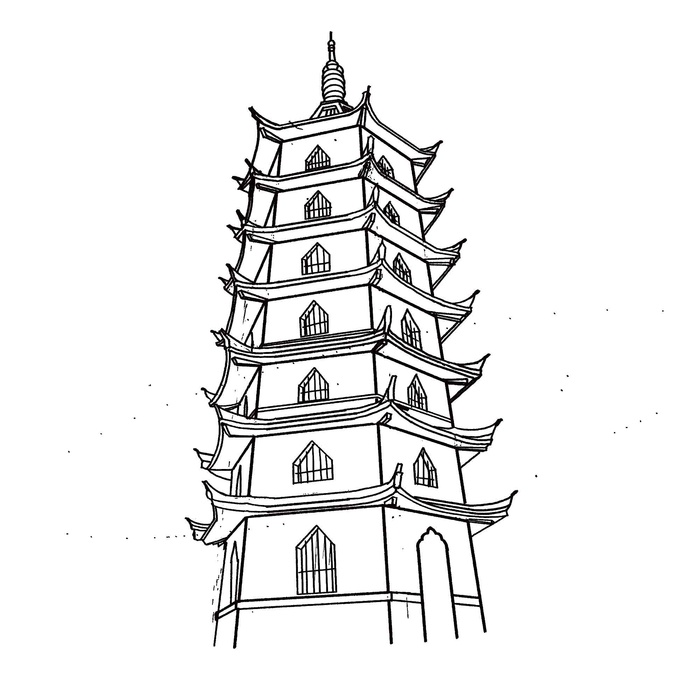 手绘线条古塔