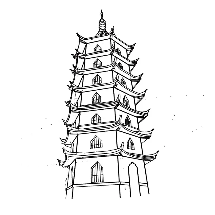 手绘线条古塔psd模版下载