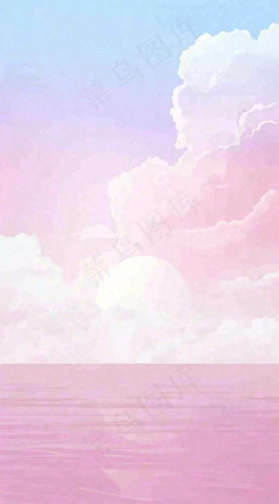 粉蓝渐变天空白云简约温馨，阳光海面海洋扁平插画(816x1472)