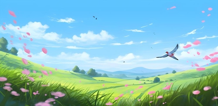 春天蓝天白云草原绿色树草地手绘插画海报素材背景(6272x3072)
